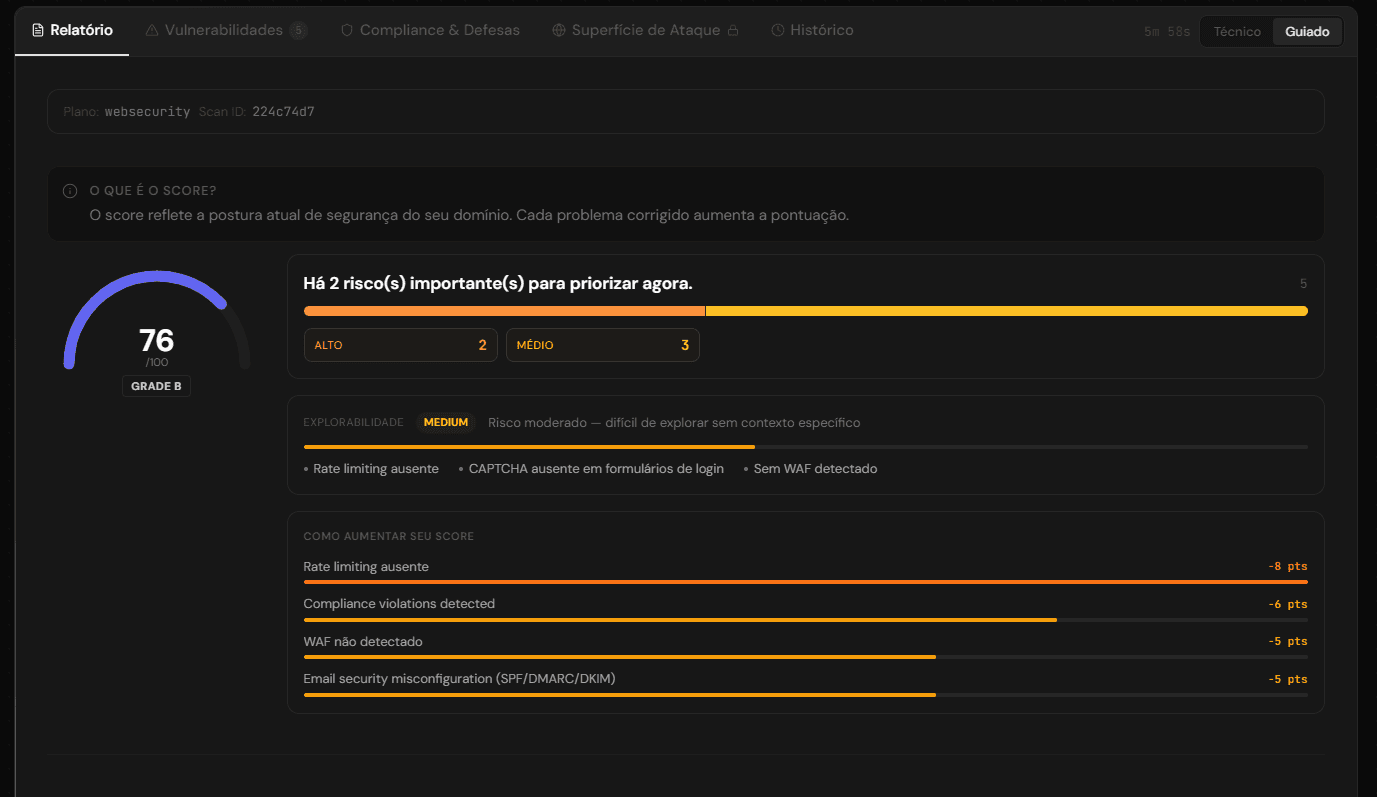 Exemplo de finding crítico no relatório do Defenty — API key exposta detectada no bundle JavaScript